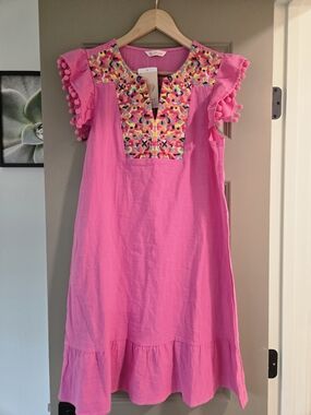Kirundo Pink Embroidered Pom Pom Sleeve Boho Mini Dress NWT M